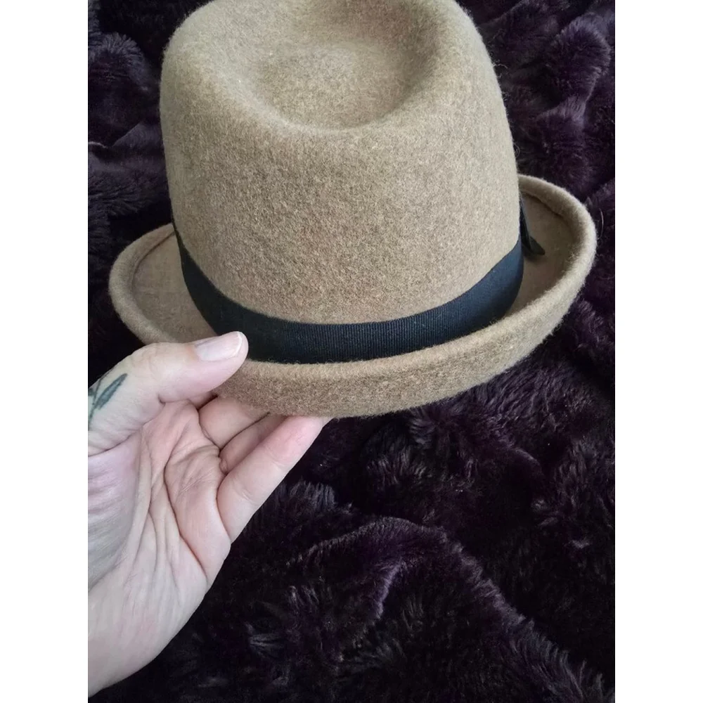 Women's Nordstrom Tan Brown Wool Felt Fedora Hat with Black Ribbon, One Size